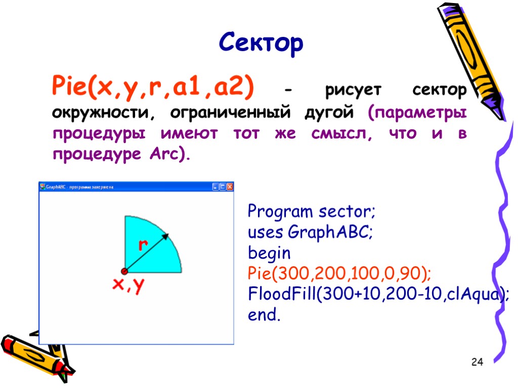 24 Pie(x,y,r,a1,a2) - рисует сектор окружности, ограниченный дугой (параметры процедуры имеют тот же смысл,